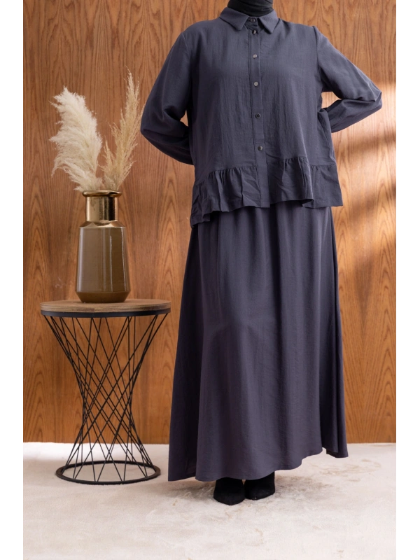 FIRFIR DETAYLI GÖMLEK YAKA ETEKLİ TAKIM - ANTRASİT