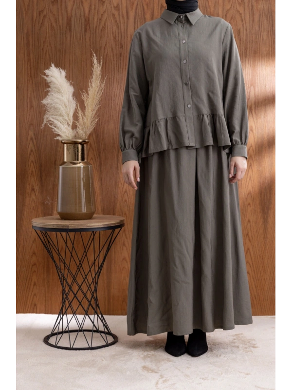 FIRFIR DETAYLI GÖMLEK YAKA ETEKLİ TAKIM - HAKİ