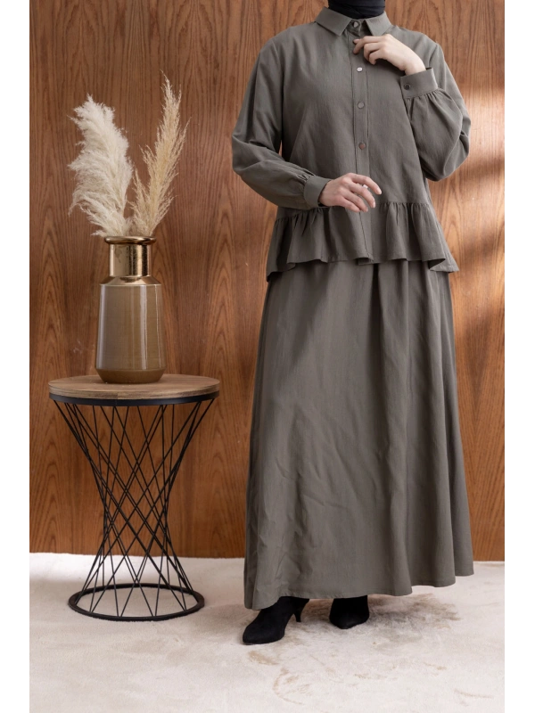 FIRFIR DETAYLI GÖMLEK YAKA ETEKLİ TAKIM - HAKİ