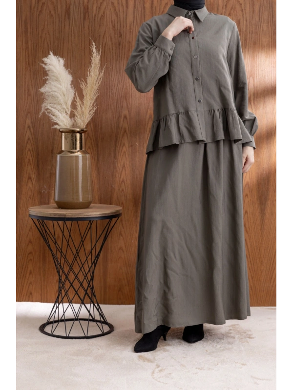 FIRFIR DETAYLI GÖMLEK YAKA ETEKLİ TAKIM - HAKİ