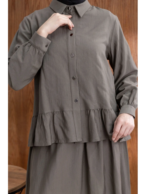 FIRFIR DETAYLI GÖMLEK YAKA ETEKLİ TAKIM - HAKİ