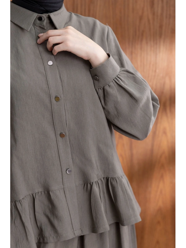 FIRFIR DETAYLI GÖMLEK YAKA ETEKLİ TAKIM - HAKİ