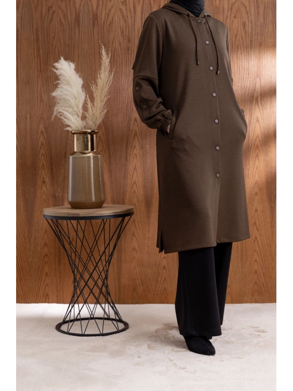 ÖNÜ ÇITÇITLI KAPÜŞONLU GİYÇIK - KAHVE