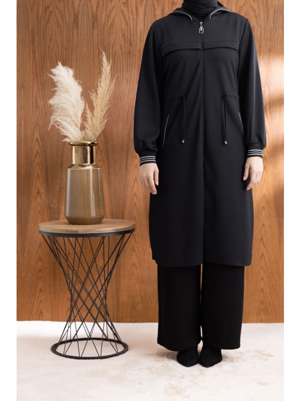 KAPÜŞONLU RİBANA VE ALLER DETAYLI GİYÇIK - SİYAH