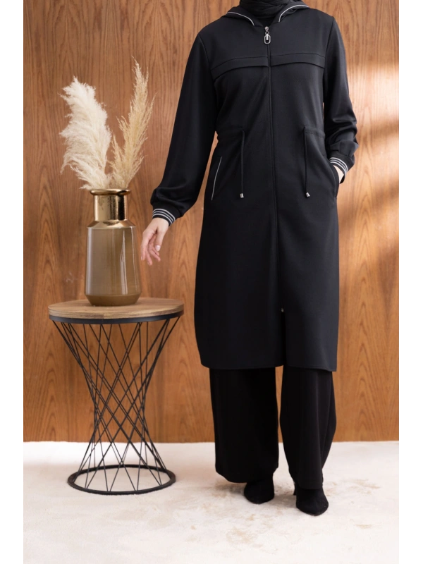 KAPÜŞONLU RİBANA VE ALLER DETAYLI GİYÇIK - SİYAH