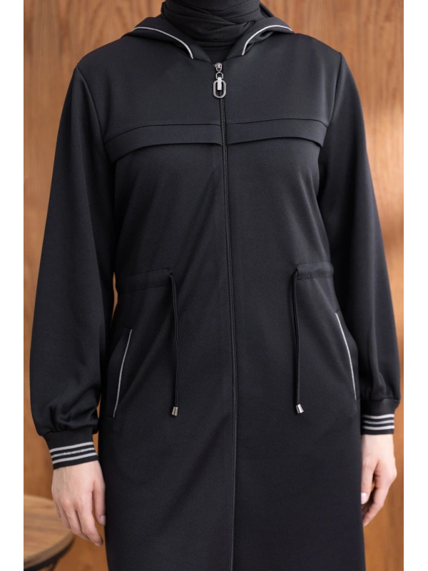 KAPÜŞONLU RİBANA VE ALLER DETAYLI GİYÇIK - SİYAH