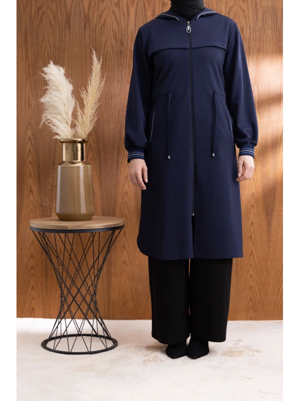 KAPÜŞONLU RİBANA VE ALLER DETAYLI GİYÇIK - LACİVERT