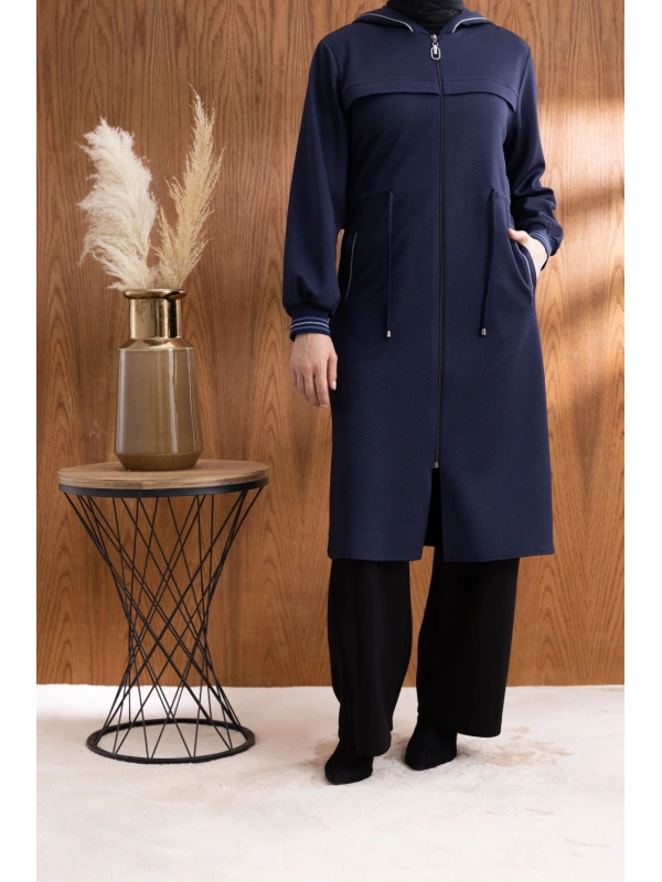 KAPÜŞONLU RİBANA VE ALLER DETAYLI GİYÇIK - LACİVERT