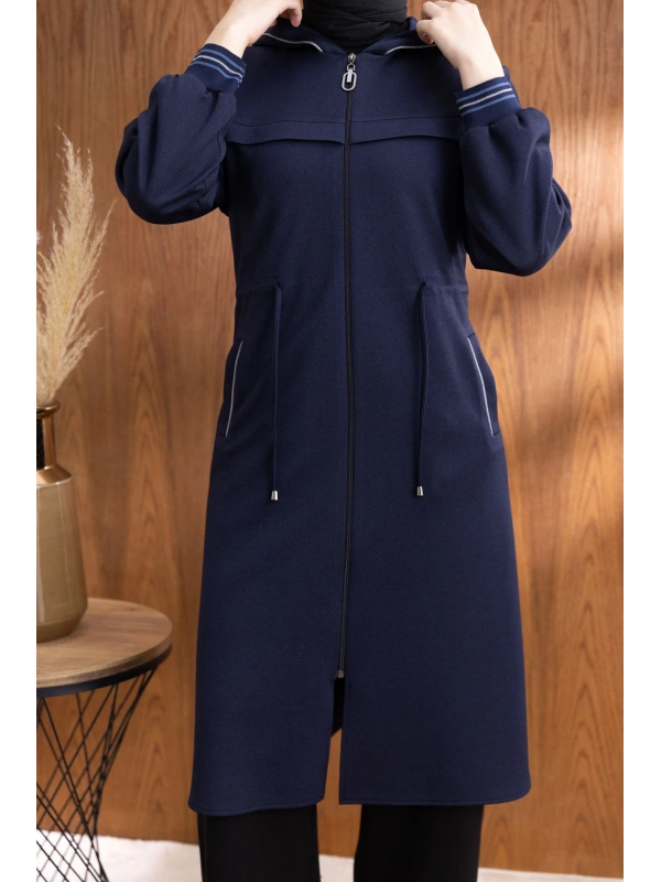 KAPÜŞONLU RİBANA VE ALLER DETAYLI GİYÇIK - LACİVERT