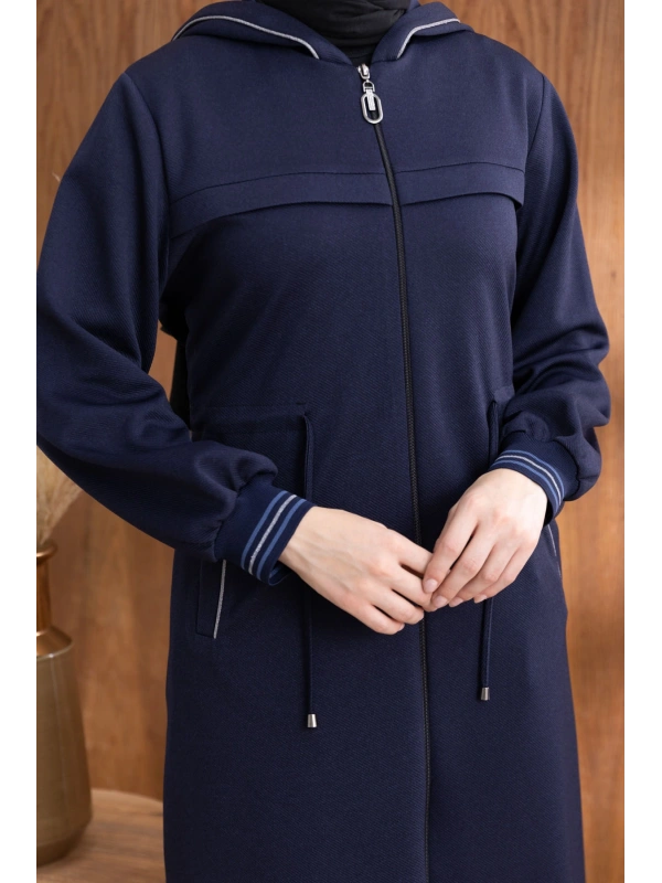 KAPÜŞONLU RİBANA VE ALLER DETAYLI GİYÇIK - LACİVERT