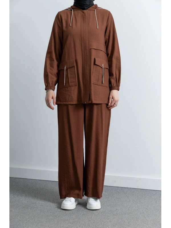 Letafet Cep Detaylı Pantolonlu Takım - KOYU VİZON
