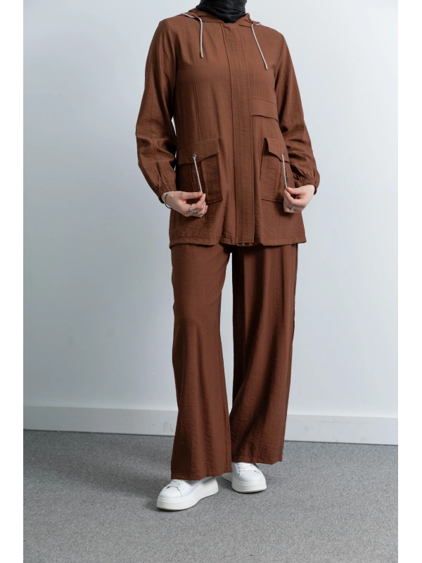 Letafet Cep Detaylı Pantolonlu Takım - KOYU VİZON