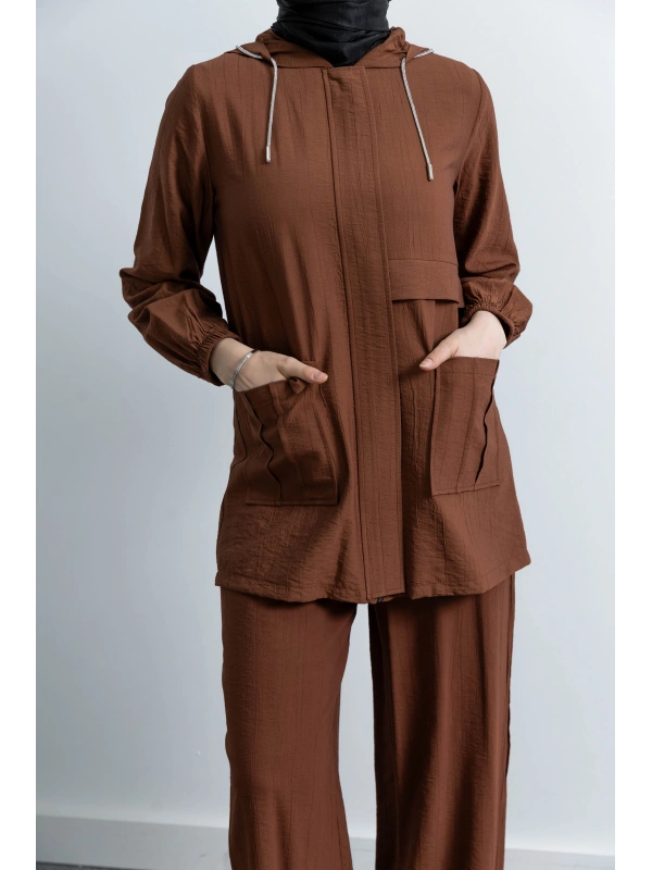 Letafet Cep Detaylı Pantolonlu Takım - KOYU VİZON