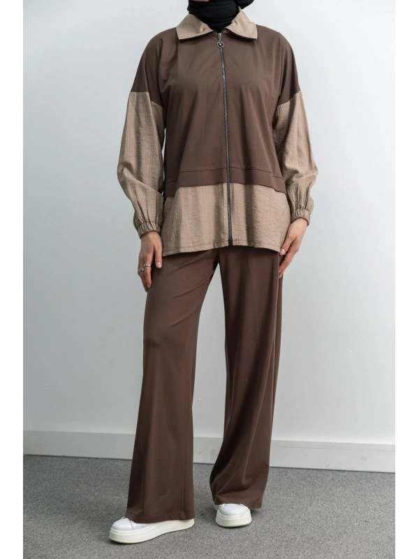 Letafet Çift Renkli Pantolonlu Takım - KAHVE
