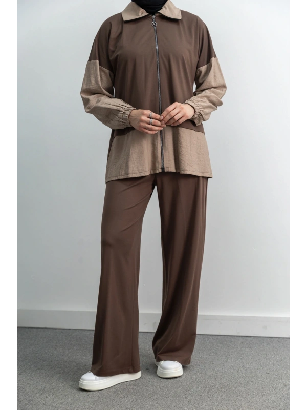 Letafet Çift Renkli Pantolonlu Takım - KAHVE