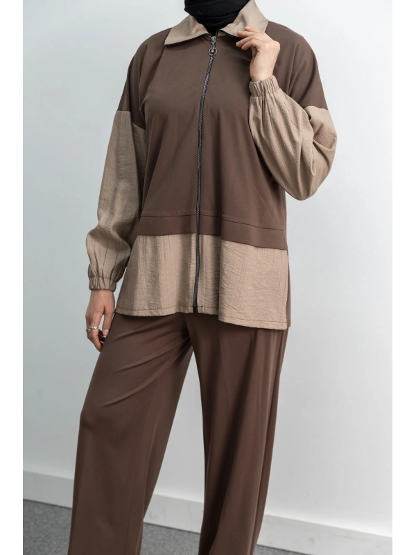 Letafet Çift Renkli Pantolonlu Takım - KAHVE