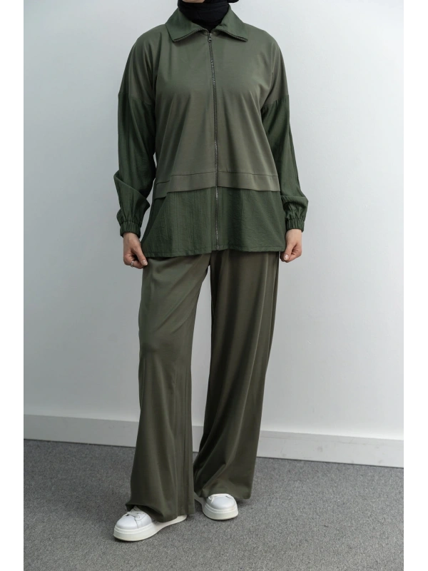 Letafet Çift Renkli Pantolonlu Takım - KOYU HAKİ