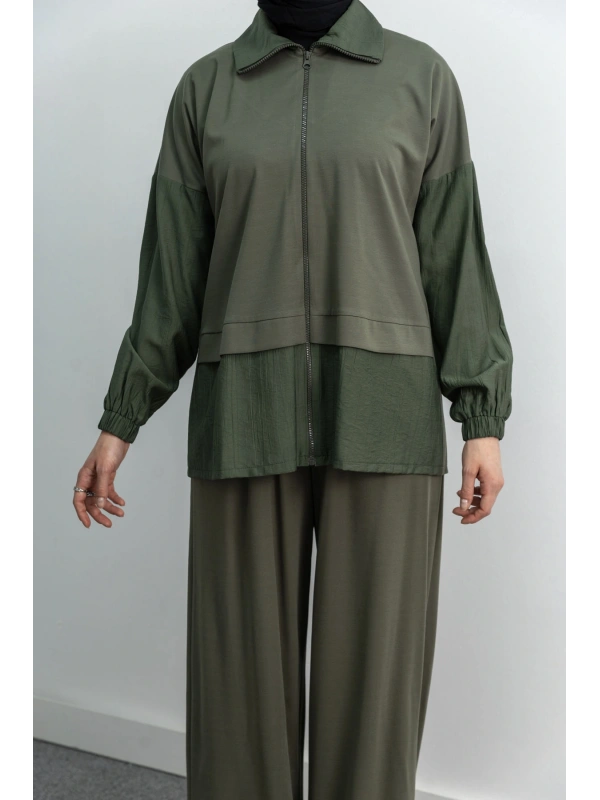 Letafet Çift Renkli Pantolonlu Takım - KOYU HAKİ