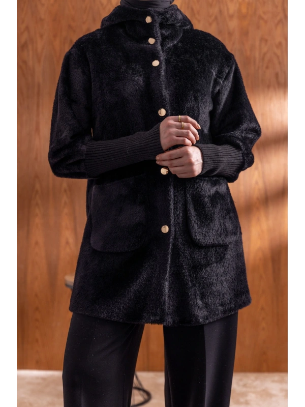 KOLLARI RİBANALI TORBA CEPLİ CEKET - SİYAH