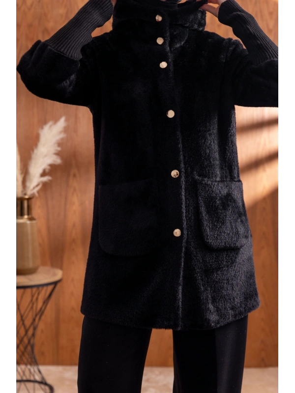 KOLLARI RİBANALI TORBA CEPLİ CEKET - SİYAH