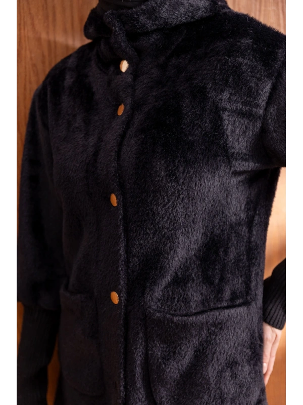 KOLLARI RİBANALI TORBA CEPLİ CEKET - SİYAH