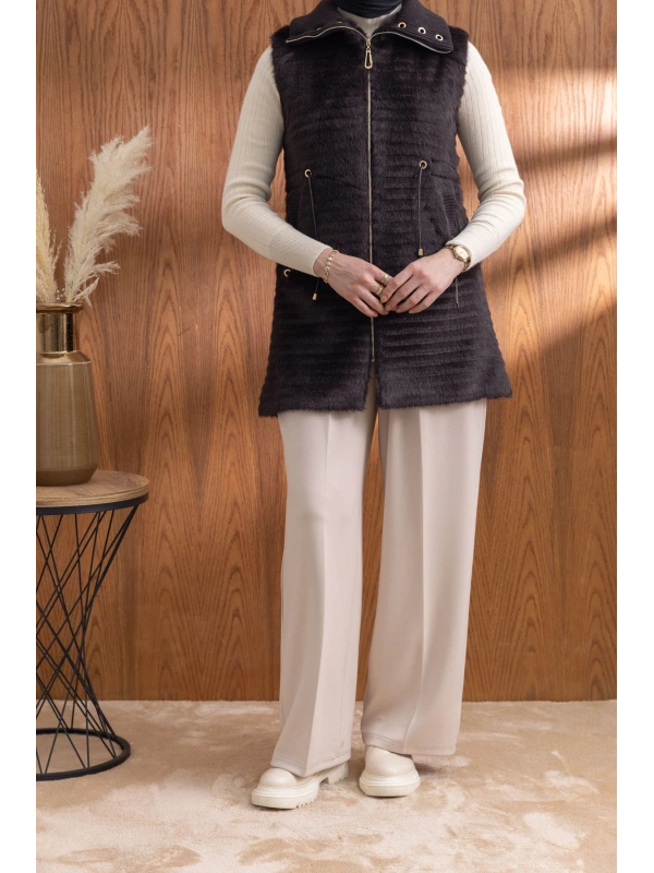 RİBANALI BELİ BAĞCIKLI YELEK - KAHVE