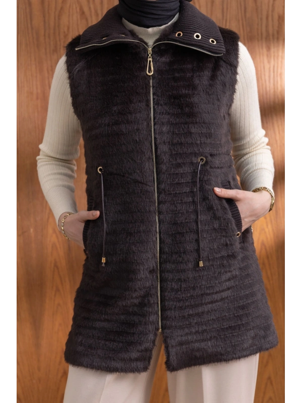 RİBANALI BELİ BAĞCIKLI YELEK - KAHVE