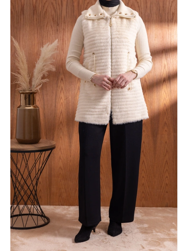 RİBANALI BELİ BAĞCIKLI YELEK - EKRU