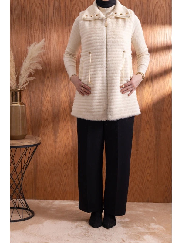 RİBANALI BELİ BAĞCIKLI YELEK - EKRU