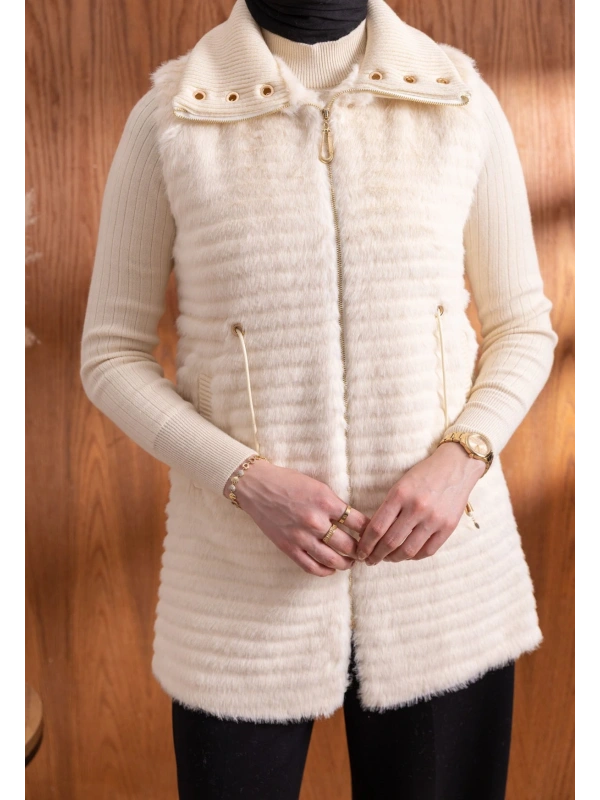 RİBANALI BELİ BAĞCIKLI YELEK - EKRU