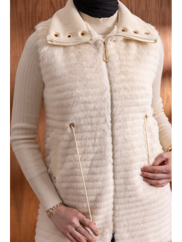 RİBANALI BELİ BAĞCIKLI YELEK - EKRU