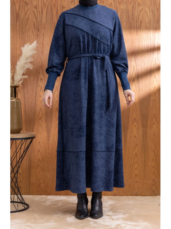 KOLLARI VE YAKASI RİBANALI ELBİSE - LACİVERT