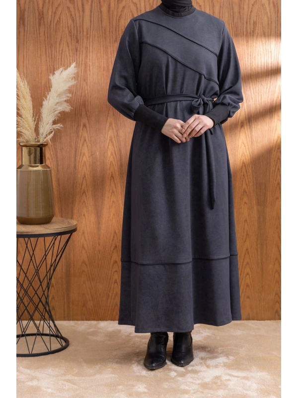 KOLLARI VE YAKASI RİBANALI ELBİSE - ANTRASİT