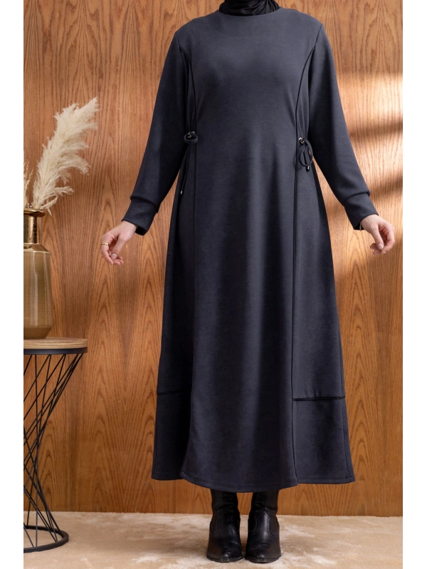 BELİ BAĞCIK DETAYLI KUPLU ELBİSE - SİYAH