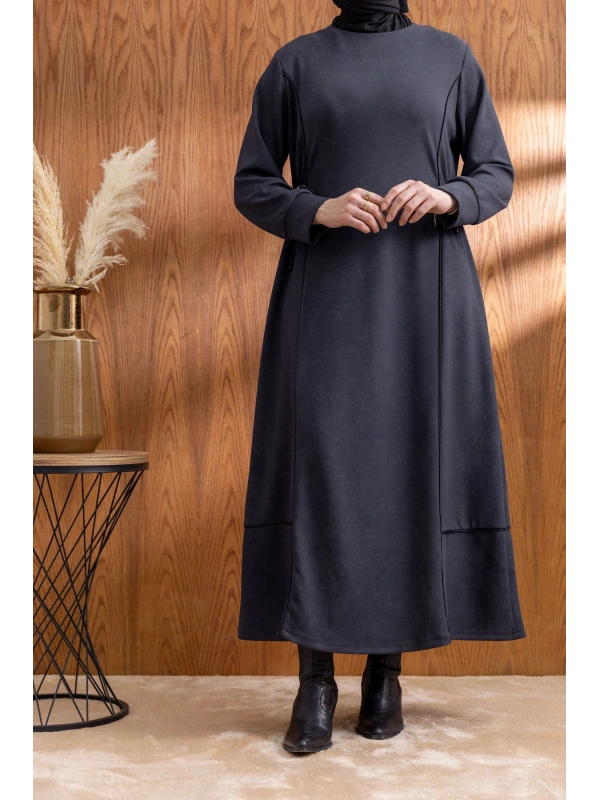 BELİ BAĞCIK DETAYLI KUPLU ELBİSE - SİYAH