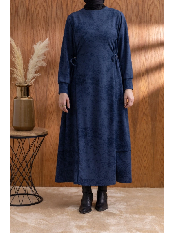 BELİ BAĞCIK DETAYLI KUPLU ELBİSE - LACİVERT