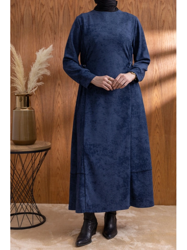 BELİ BAĞCIK DETAYLI KUPLU ELBİSE - LACİVERT