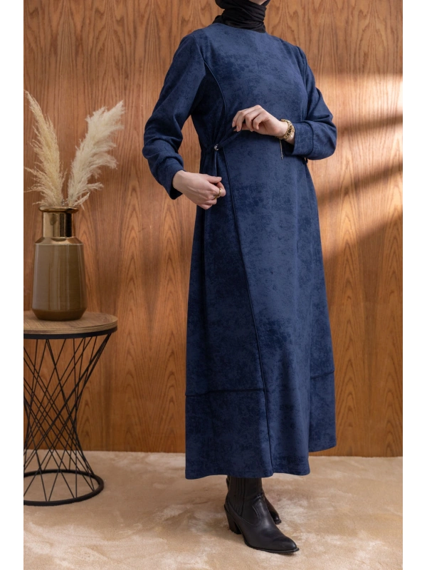 BELİ BAĞCIK DETAYLI KUPLU ELBİSE - LACİVERT