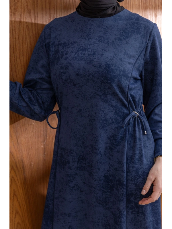 BELİ BAĞCIK DETAYLI KUPLU ELBİSE - LACİVERT