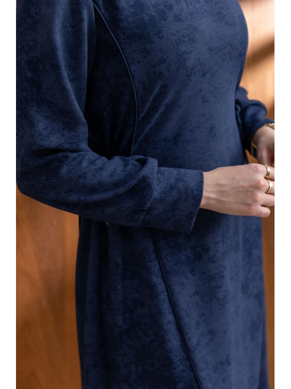 BELİ BAĞCIK DETAYLI KUPLU ELBİSE - LACİVERT