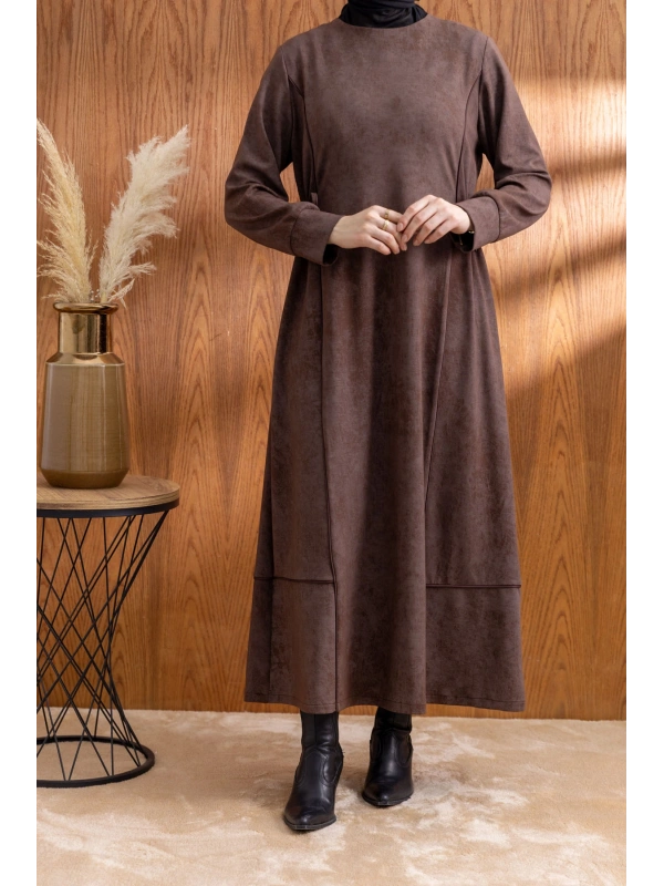 BELİ BAĞCIK DETAYLI KUPLU ELBİSE - KAHVE