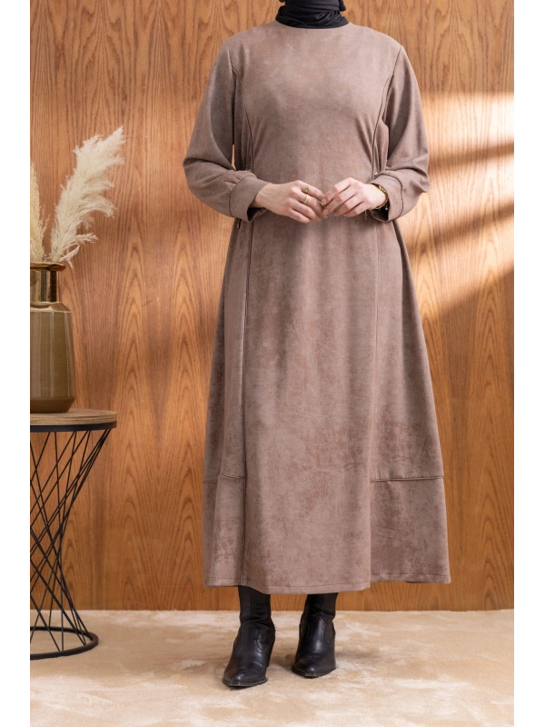 BELİ BAĞCIK DETAYLI KUPLU ELBİSE - VİZON