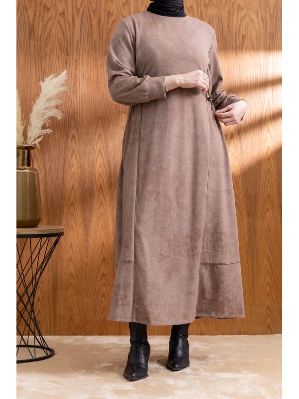 BELİ BAĞCIK DETAYLI KUPLU ELBİSE - VİZON