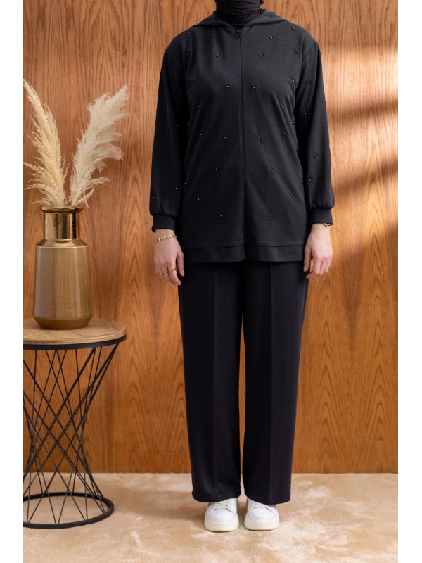 NAKIŞ VE İNCİ DETAYLI PANTOLONLU TAKIM - SİYAH