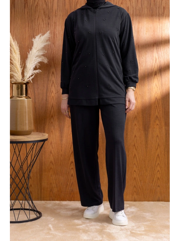 NAKIŞ VE İNCİ DETAYLI PANTOLONLU TAKIM - SİYAH