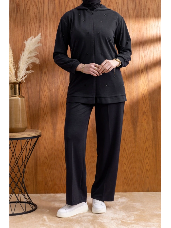 NAKIŞ VE İNCİ DETAYLI PANTOLONLU TAKIM - SİYAH