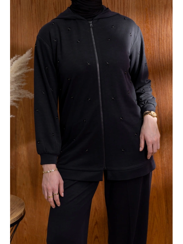 NAKIŞ VE İNCİ DETAYLI PANTOLONLU TAKIM - SİYAH