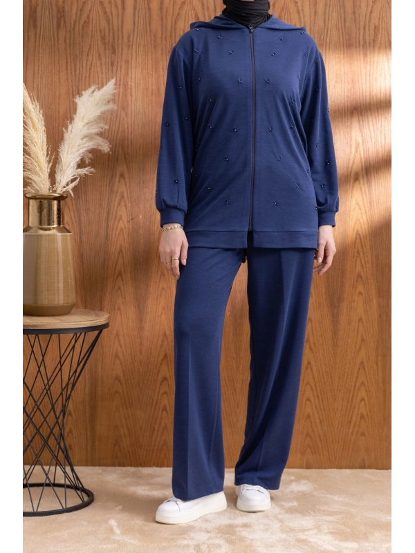 NAKIŞ VE İNCİ DETAYLI PANTOLONLU TAKIM - LACİVERT