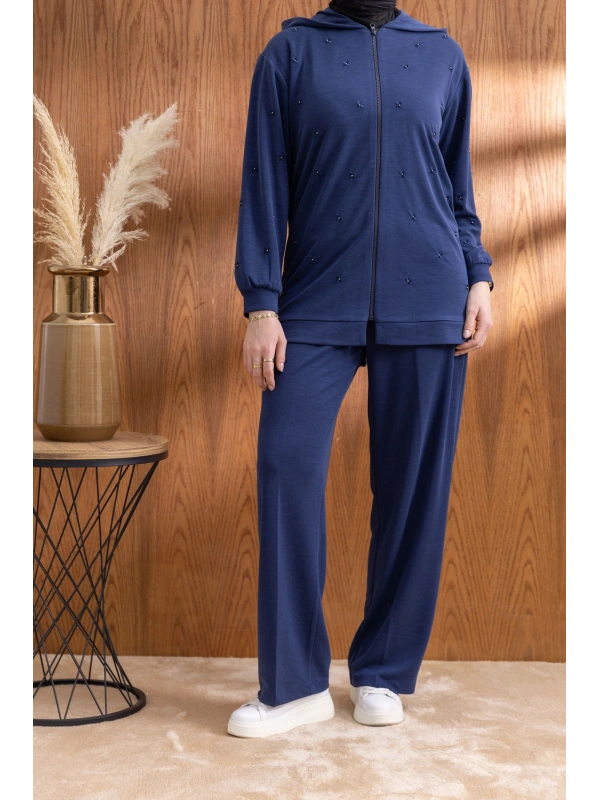 NAKIŞ VE İNCİ DETAYLI PANTOLONLU TAKIM - LACİVERT