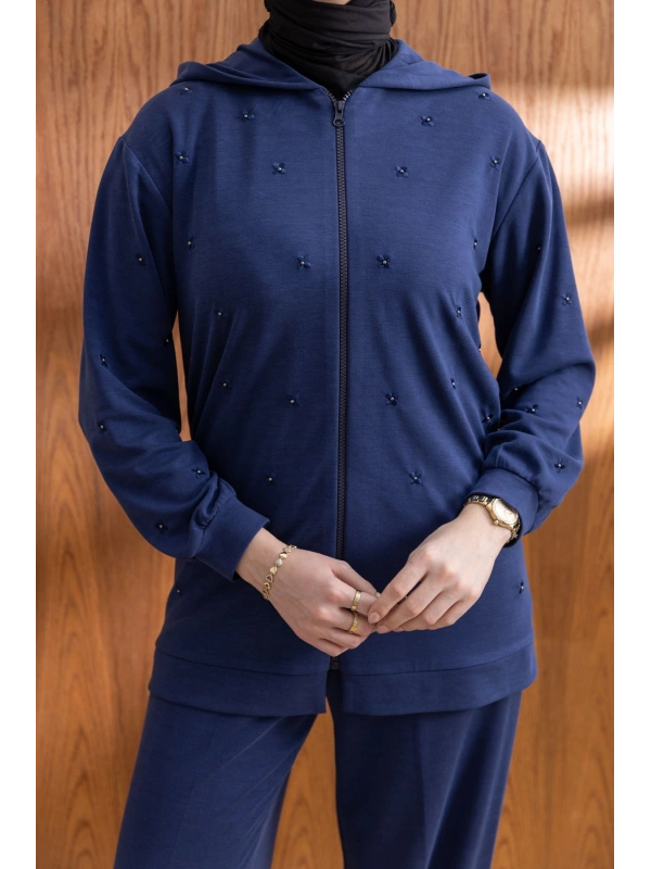 NAKIŞ VE İNCİ DETAYLI PANTOLONLU TAKIM - LACİVERT